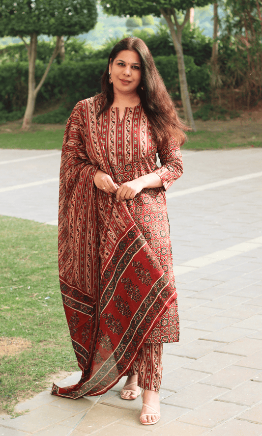 Cotton Red & Black Ajrakh Print Suit With Cotton Dupatta - Baareeki