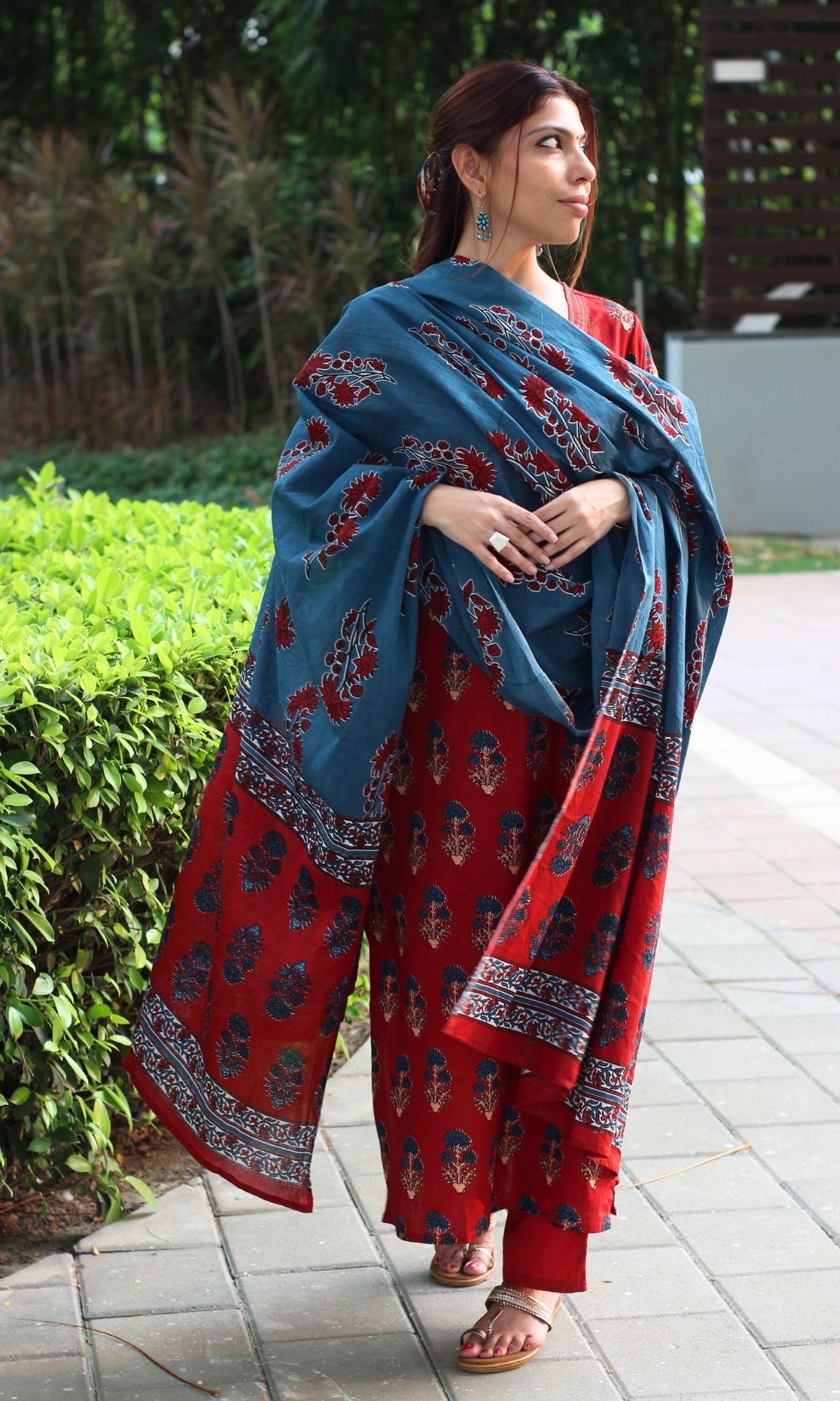 Cotton Red & Blue Boota Print Suit Set with Cotton Printed Dupatta - Baareeki