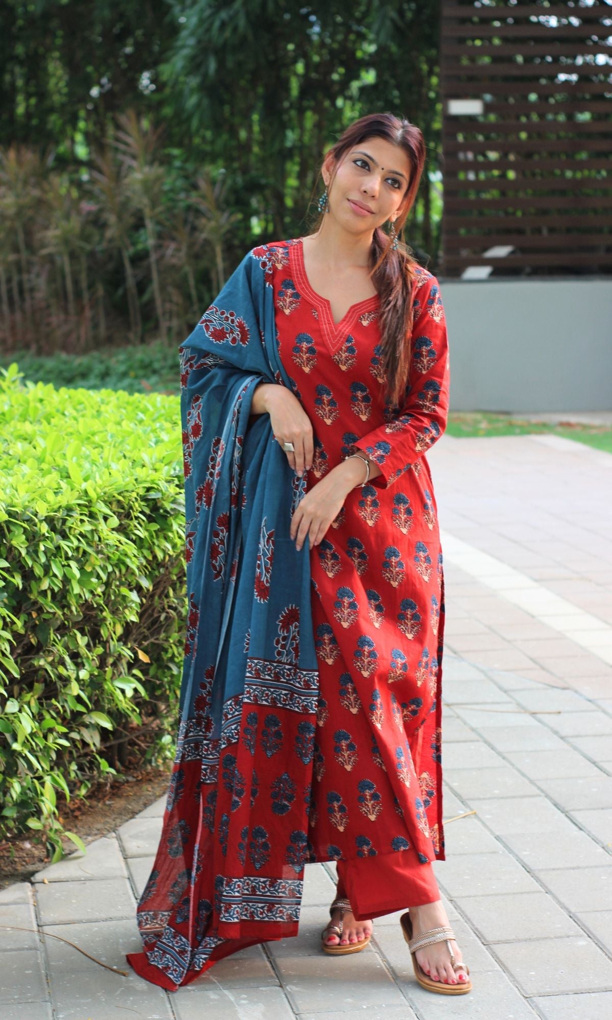 Cotton Red & Blue Boota Print Suit Set with Cotton Printed Dupatta - Baareeki