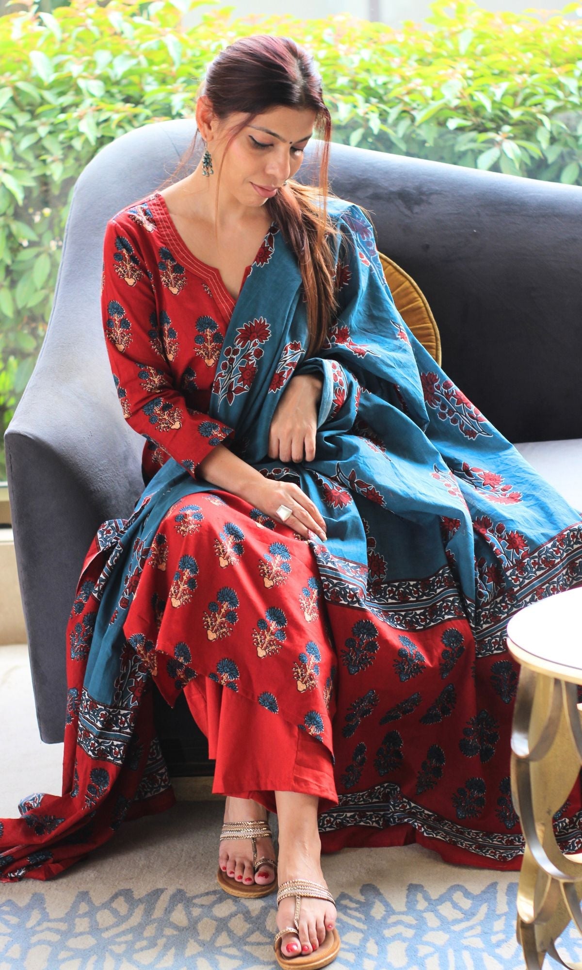 Cotton Red & Blue Boota Print Suit Set with Cotton Printed Dupatta - Baareeki