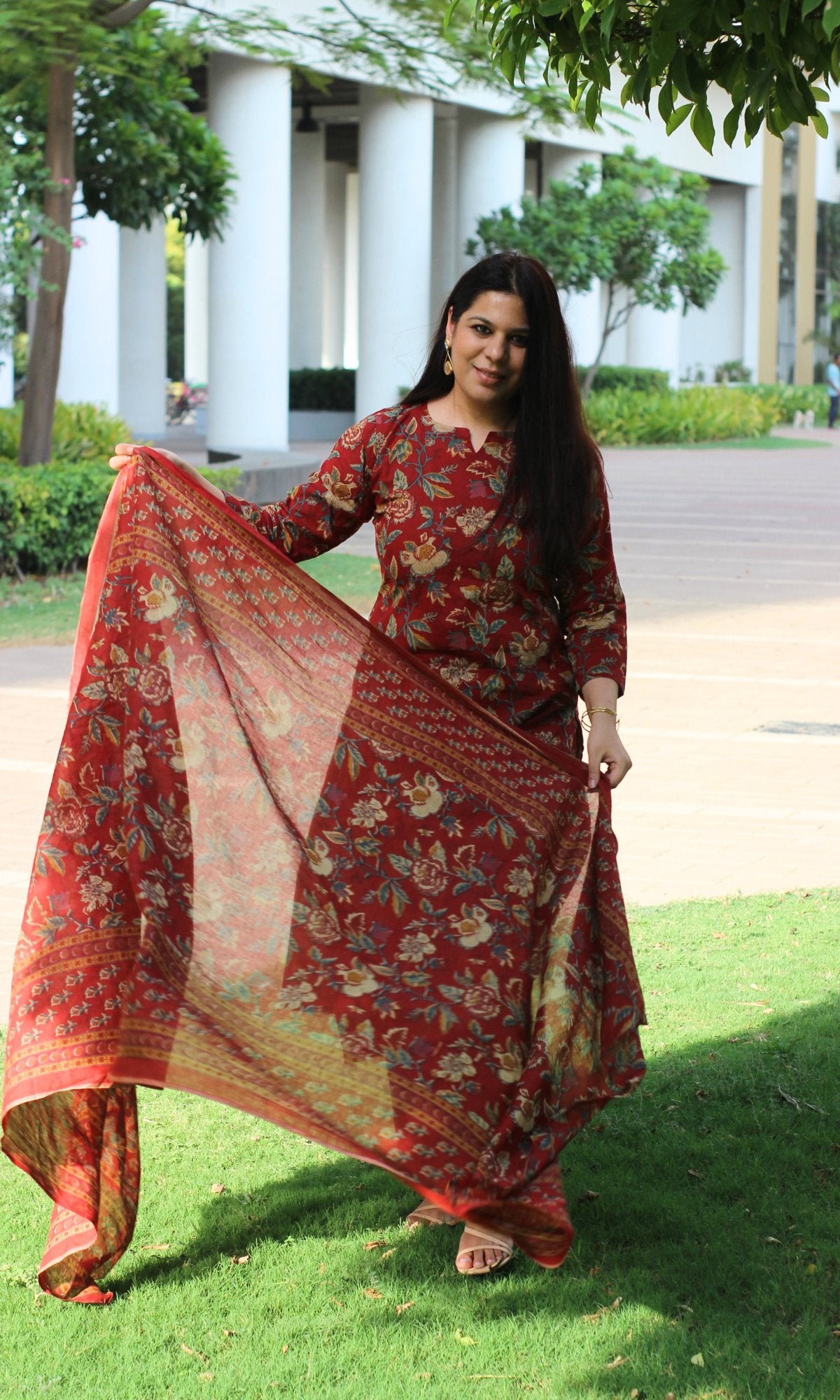 Cotton Red Floral Print Suit Set with Cotton Printed Dupatta - Baareeki