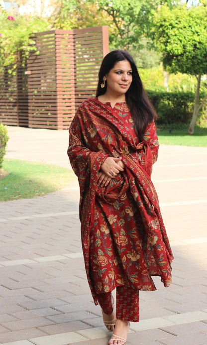 Cotton Red Floral Print Suit Set with Cotton Printed Dupatta - Baareeki