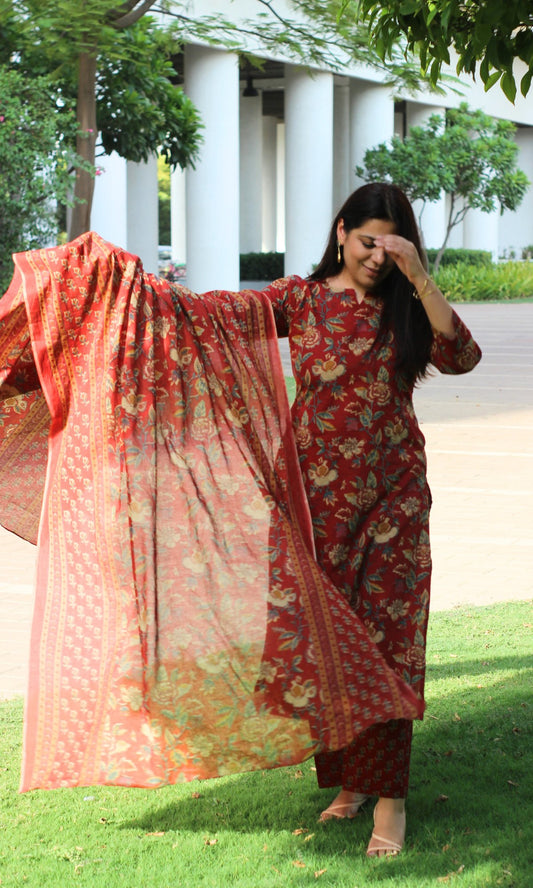 Cotton Red Floral Print Suit Set with Cotton Printed Dupatta - Baareeki