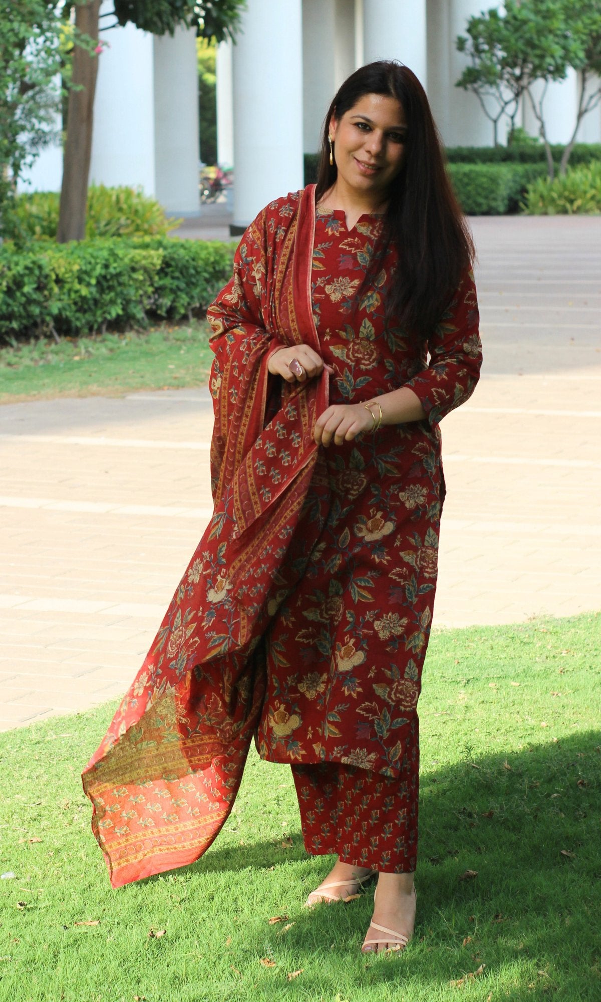 Cotton Red Floral Print Suit Set with Cotton Printed Dupatta - Baareeki