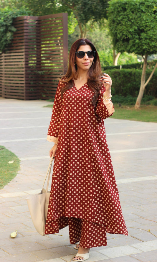 Cotton Red Flower Print High Low Kurta & Palazzo - Baareeki