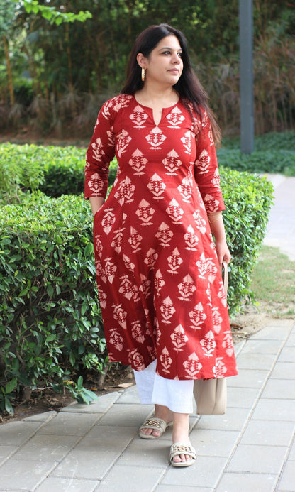 Cotton Red Gradient Mughal Print Kali Kurta - Baareeki