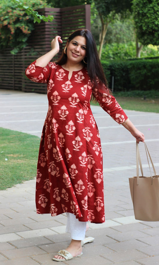 Cotton Red Gradient Mughal Print Kali Kurta - Baareeki