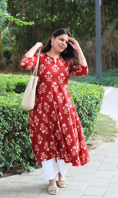 Cotton Red Gradient Mughal Print Kali Kurta - Baareeki