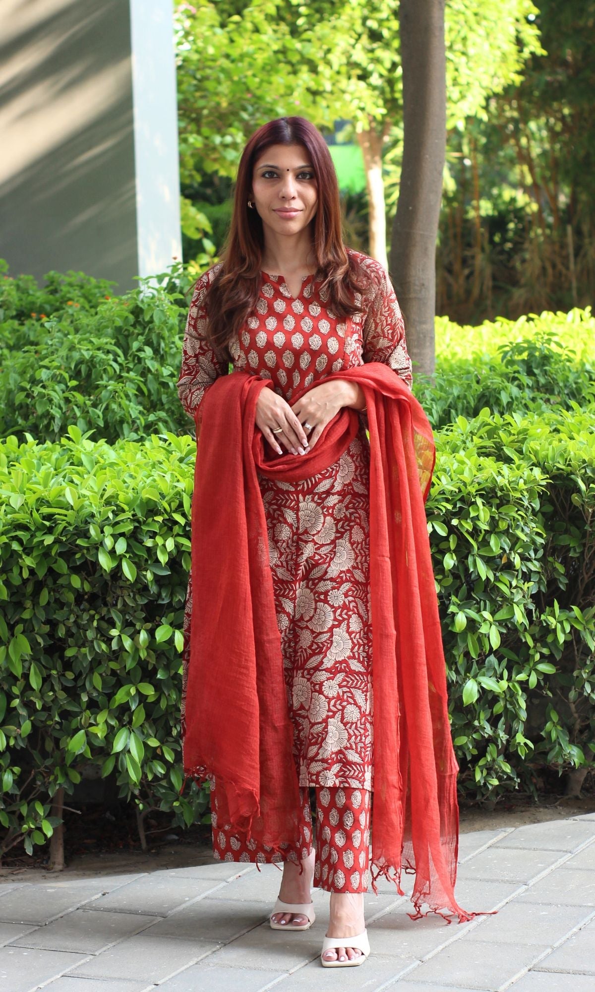 Cotton Red Handblock Kalamkari Suit Set with Kota Doria Dupatta - Baareeki