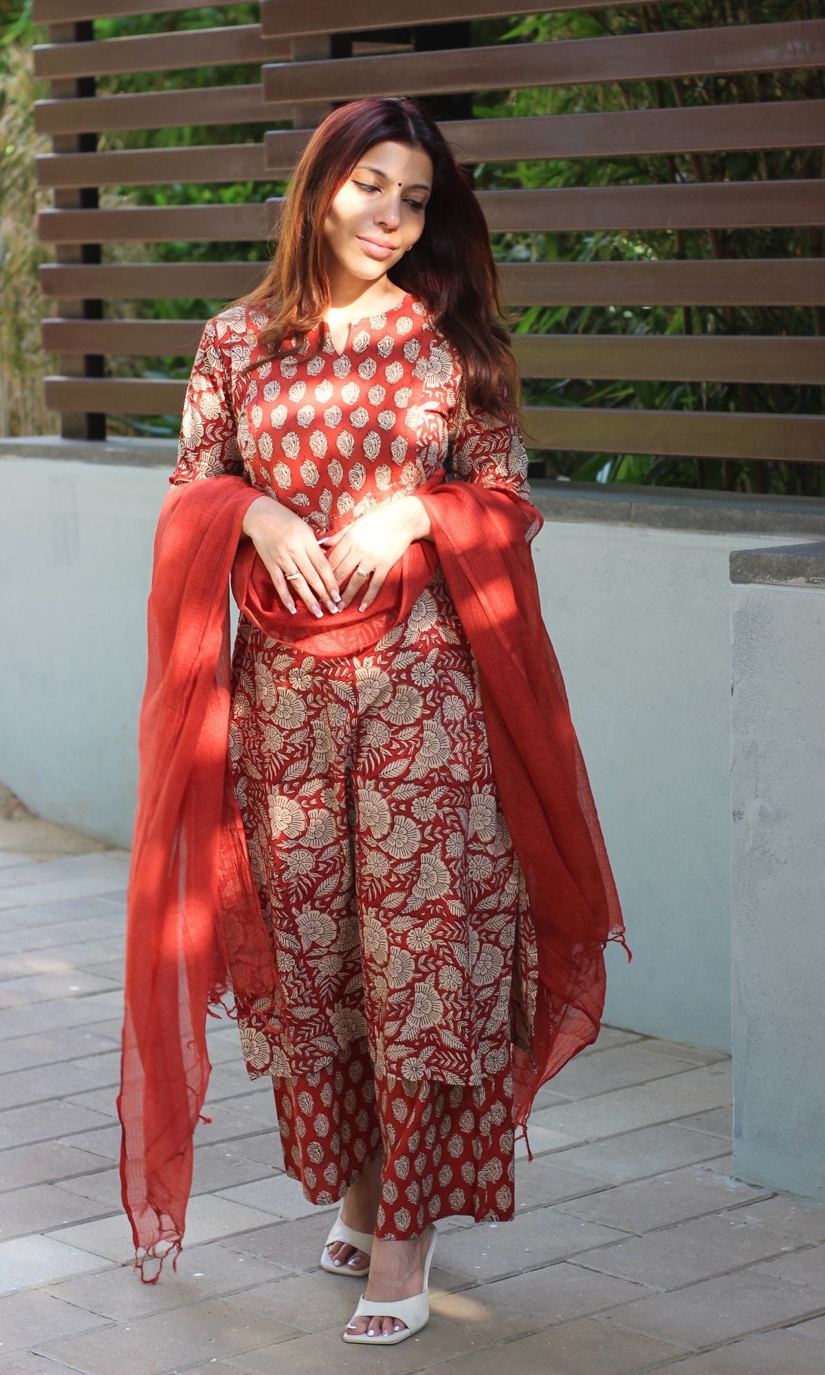 Cotton Red Handblock Kalamkari Suit Set with Kota Doria Dupatta - Baareeki