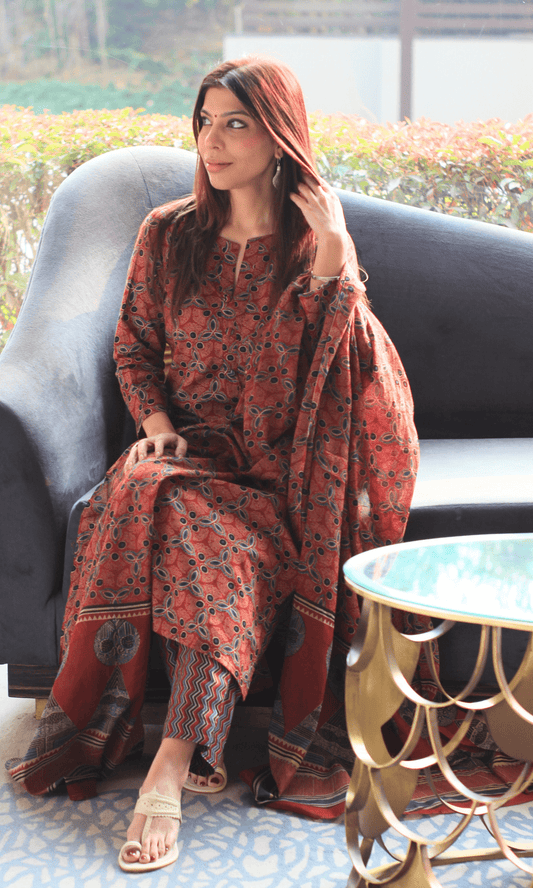 Cotton Red Kutch Ajrakh Print Suit with Cotton Printed Dupatta - Baareeki