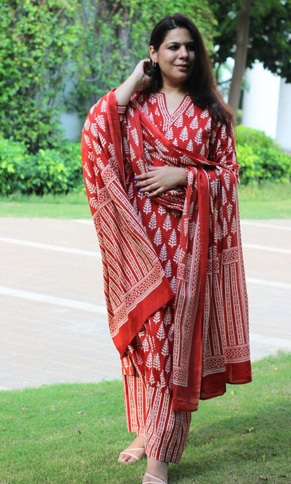 Cotton Red Leaf Print Suit Set with Cotton Printed Dupatta - Baareeki