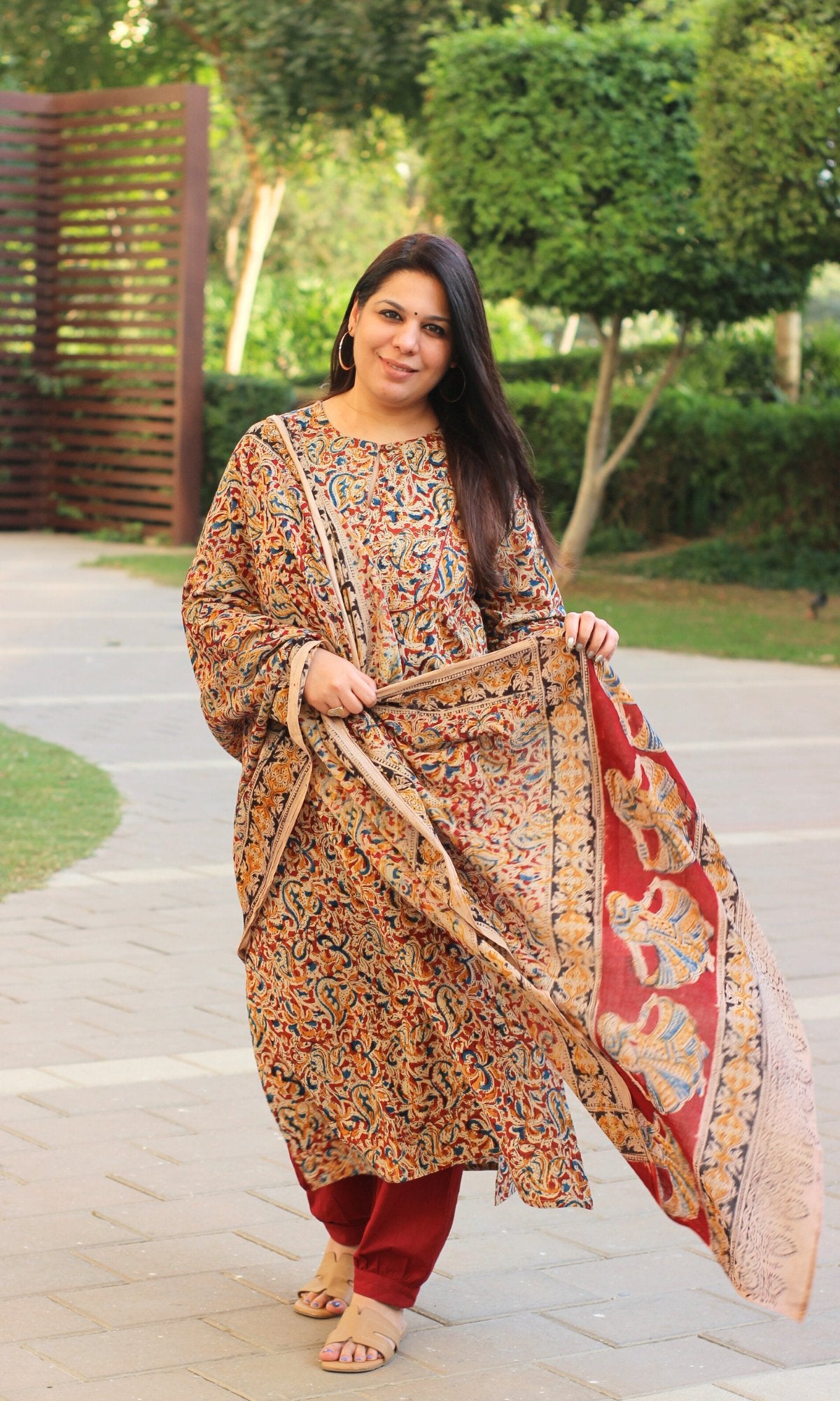 Cotton Red Loose Fit Kalamkari Kurta , Afghani Salwar & Cotton Kalamkari Dupatta - Baareeki