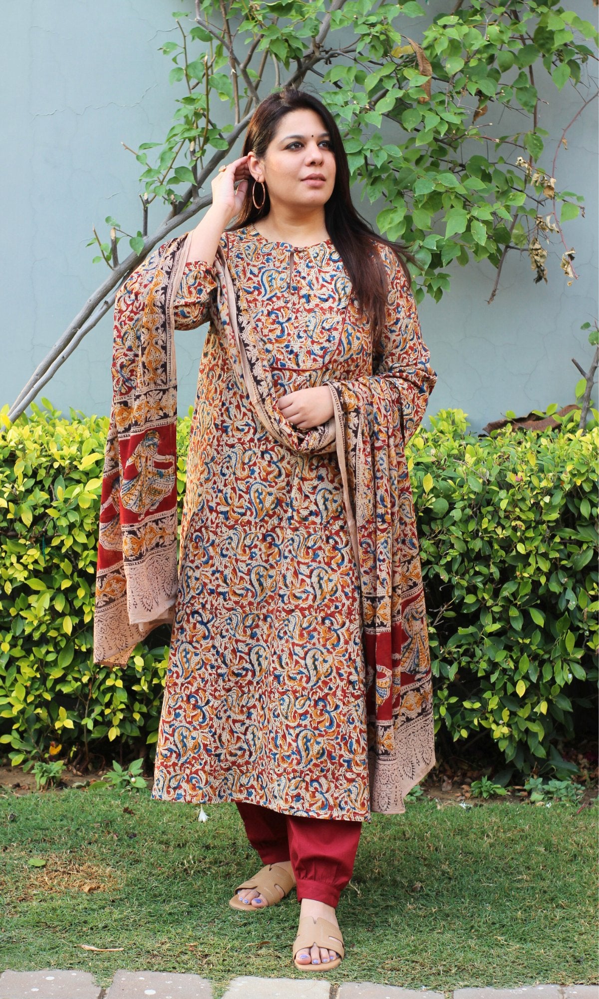 Cotton Red Loose Fit Kalamkari Kurta , Afghani Salwar & Cotton Kalamkari Dupatta - Baareeki