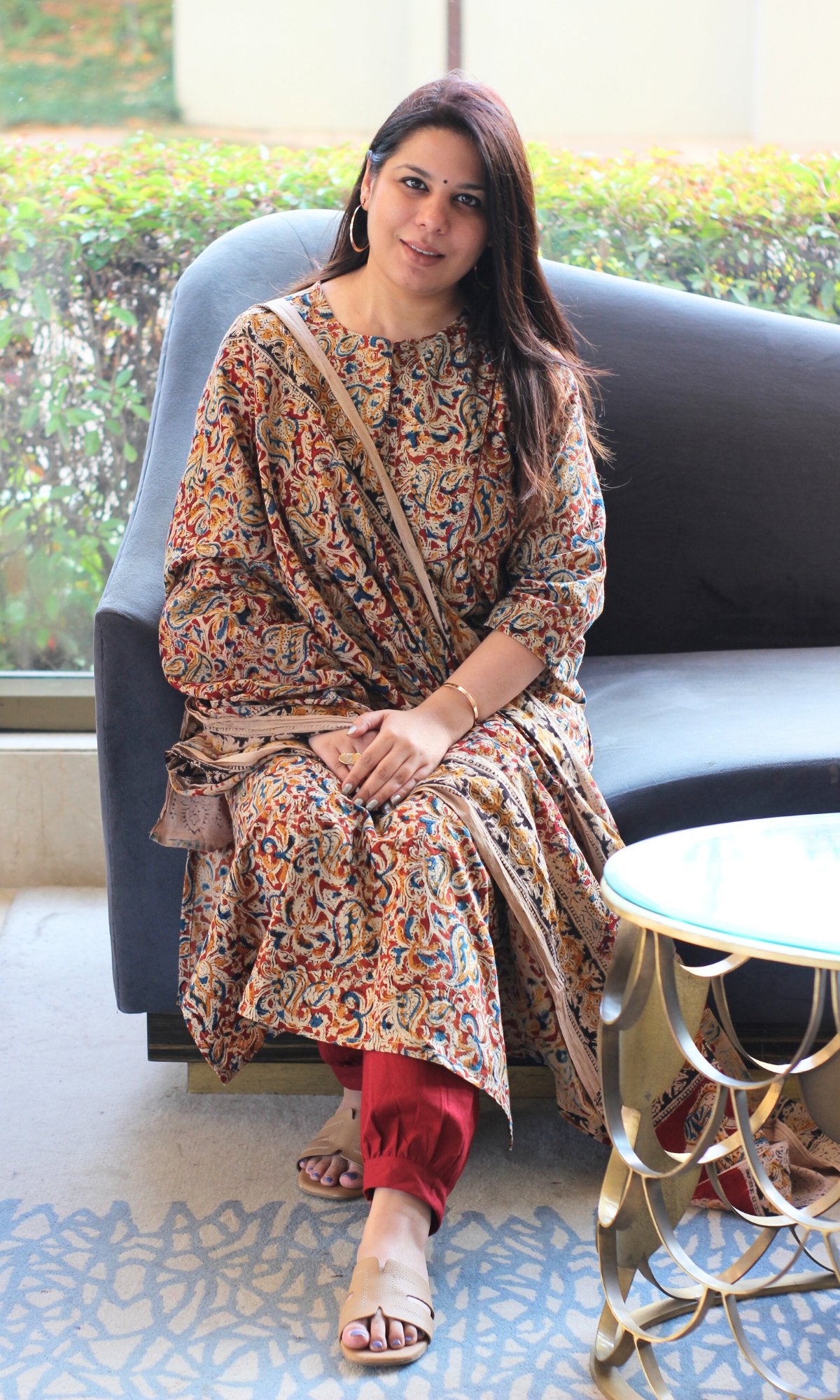 Cotton Red Loose Fit Kalamkari Kurta , Afghani Salwar & Cotton Kalamkari Dupatta - Baareeki