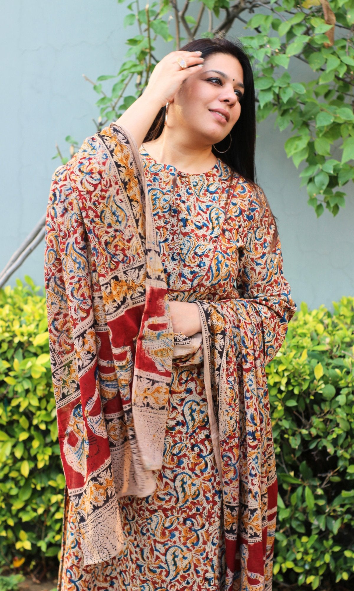 Cotton Red Loose Fit Kalamkari Kurta , Afghani Salwar & Cotton Kalamkari Dupatta - Baareeki