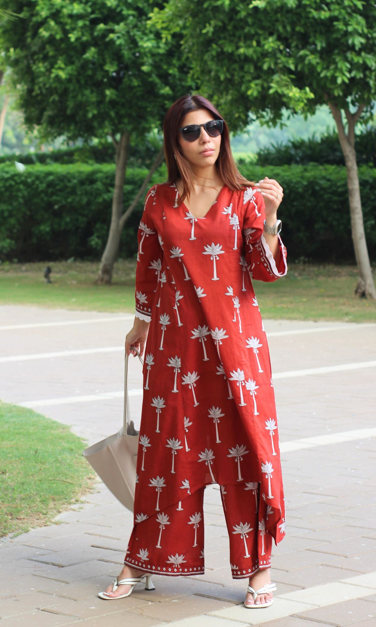 Cotton Red Palm Print High Low Kurta and Palazzo Coord Set - Baareeki