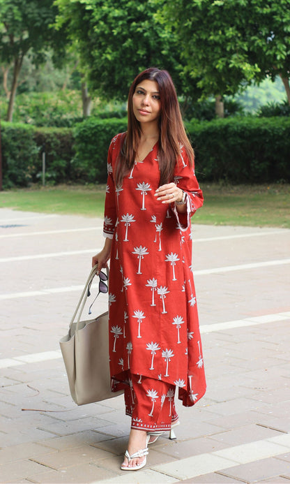 Cotton Red Palm Print High Low Kurta and Palazzo Coord Set - Baareeki