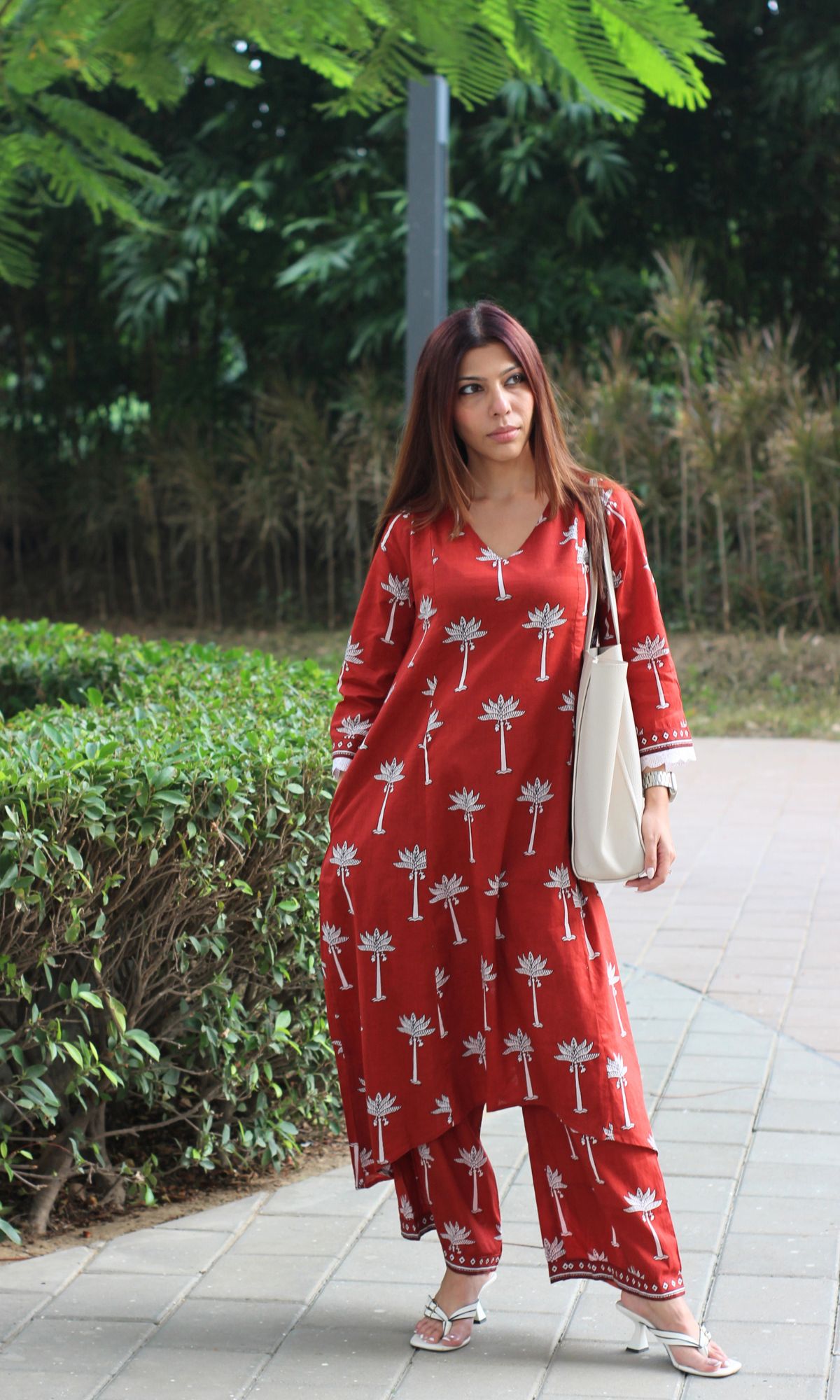 Cotton Red Palm Print High Low Kurta and Palazzo Coord Set - Baareeki