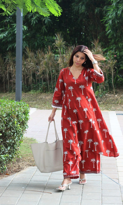 Cotton Red Palm Print High Low Kurta and Palazzo Coord Set - Baareeki