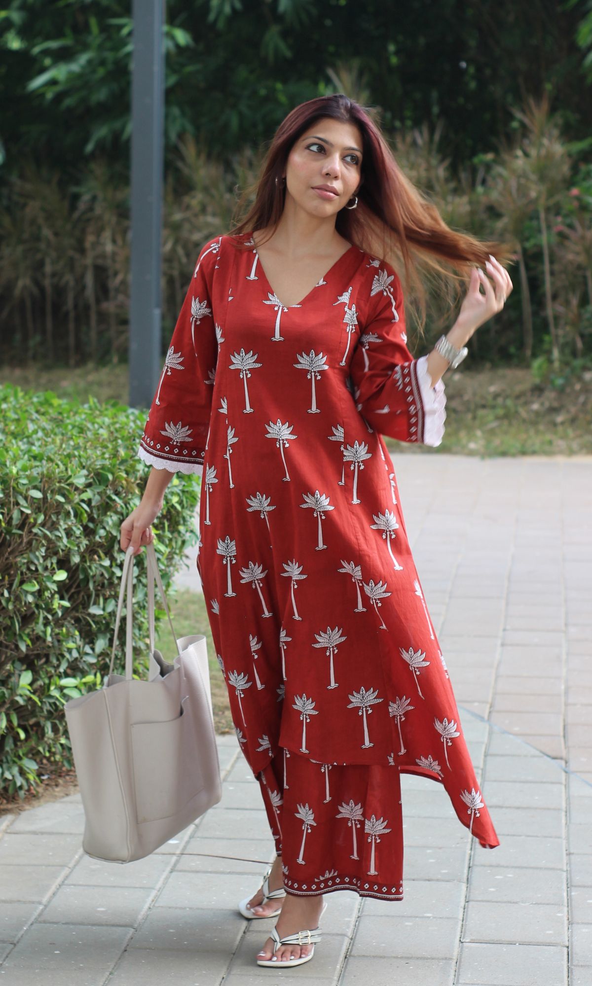 Cotton Red Palm Print High Low Kurta and Palazzo Coord Set - Baareeki