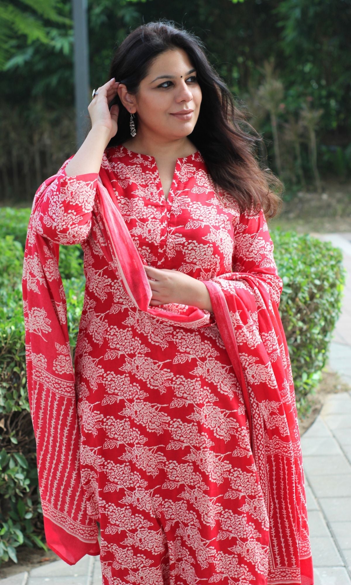 Cotton Red Printed Suit Set with Mul Printed Dupatta - Baareeki