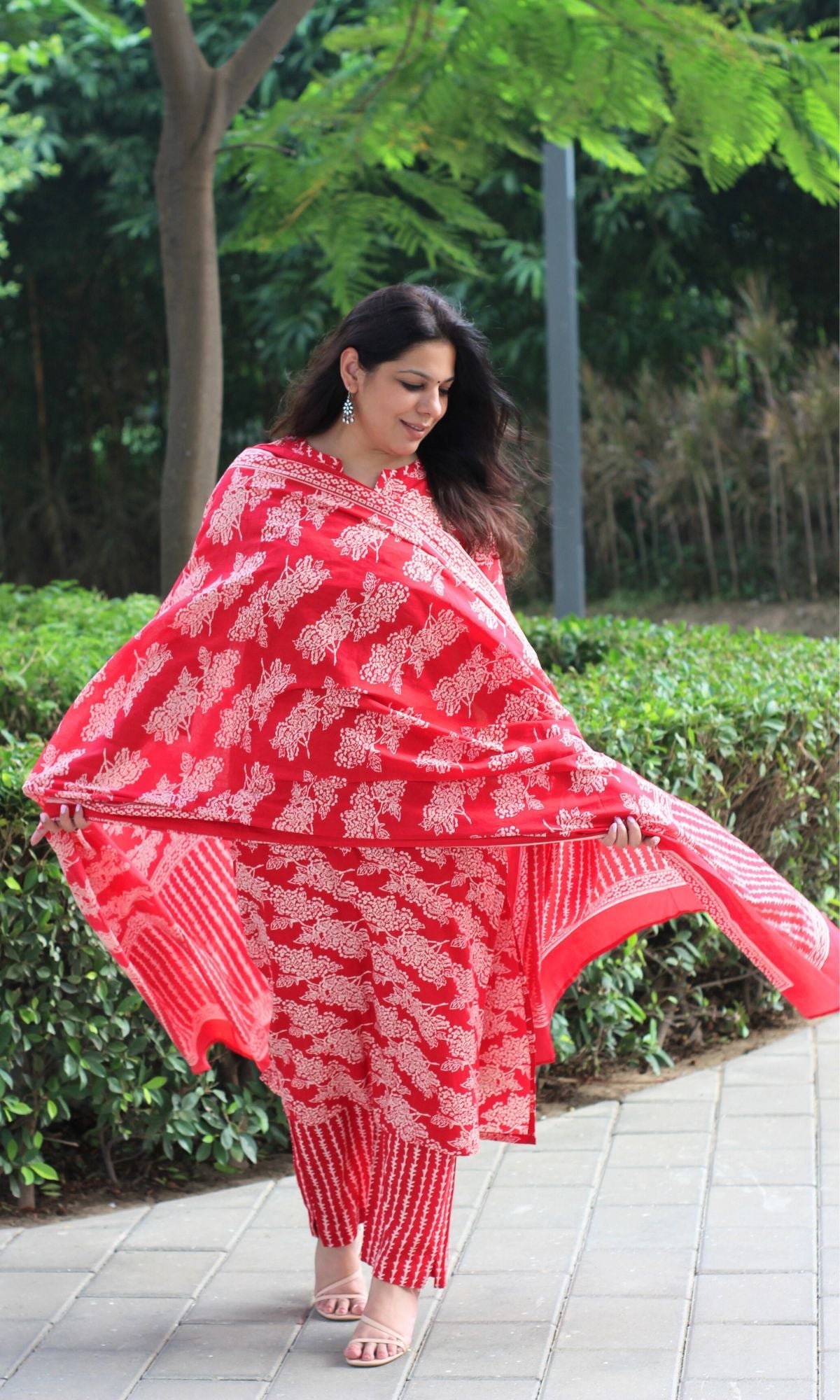 Cotton Red Printed Suit Set with Mul Printed Dupatta - Baareeki