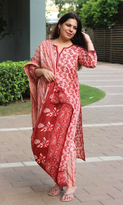 Cotton Red Rose Printed Suit Set with Mul Printed Dupatta - Baareeki