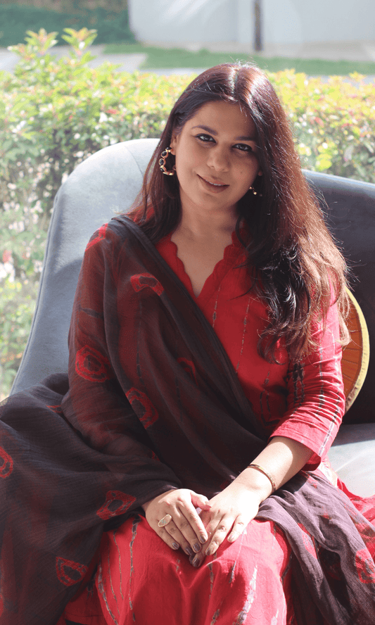 Cotton Red Tie & Dye Suit with Chiffon Tie & Dye Dupatta - Baareeki