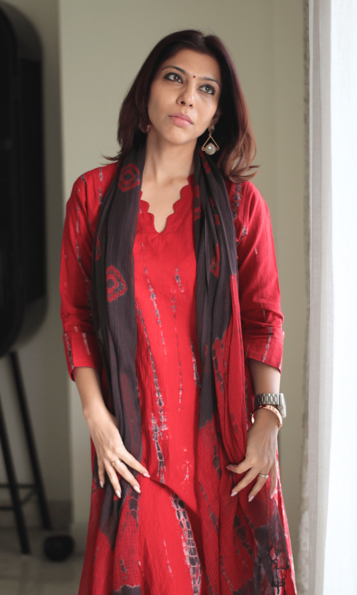 Cotton Red Tie & Dye Suit with Kota Doria Tie & Dye Dupatta - Baareeki