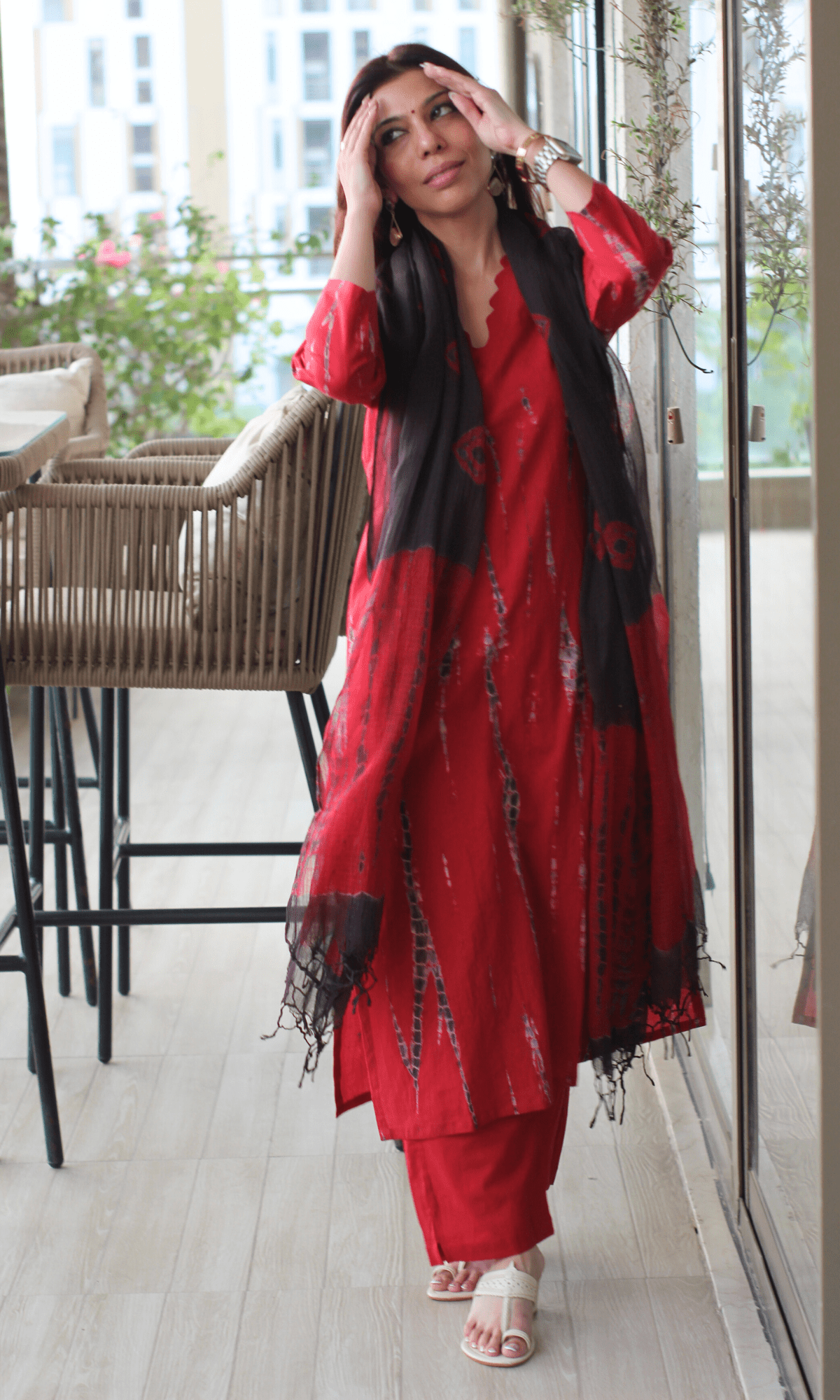 Cotton Red Tie & Dye Suit with Kota Doria Tie & Dye Dupatta - Baareeki