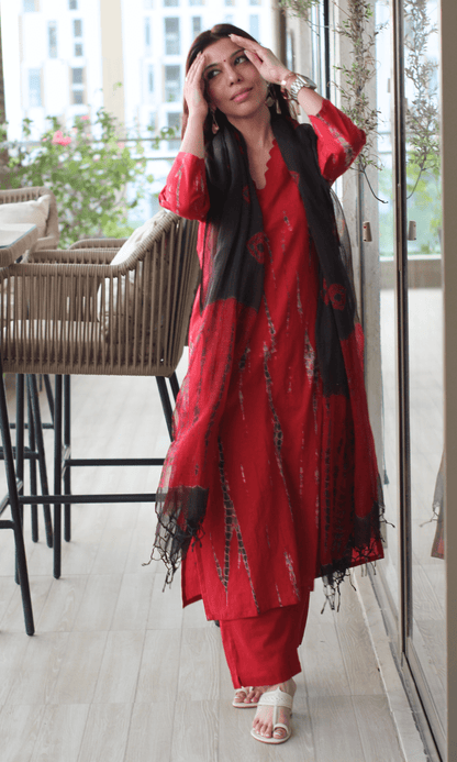 Cotton Red Tie & Dye Suit with Kota Doria Tie & Dye Dupatta - Baareeki