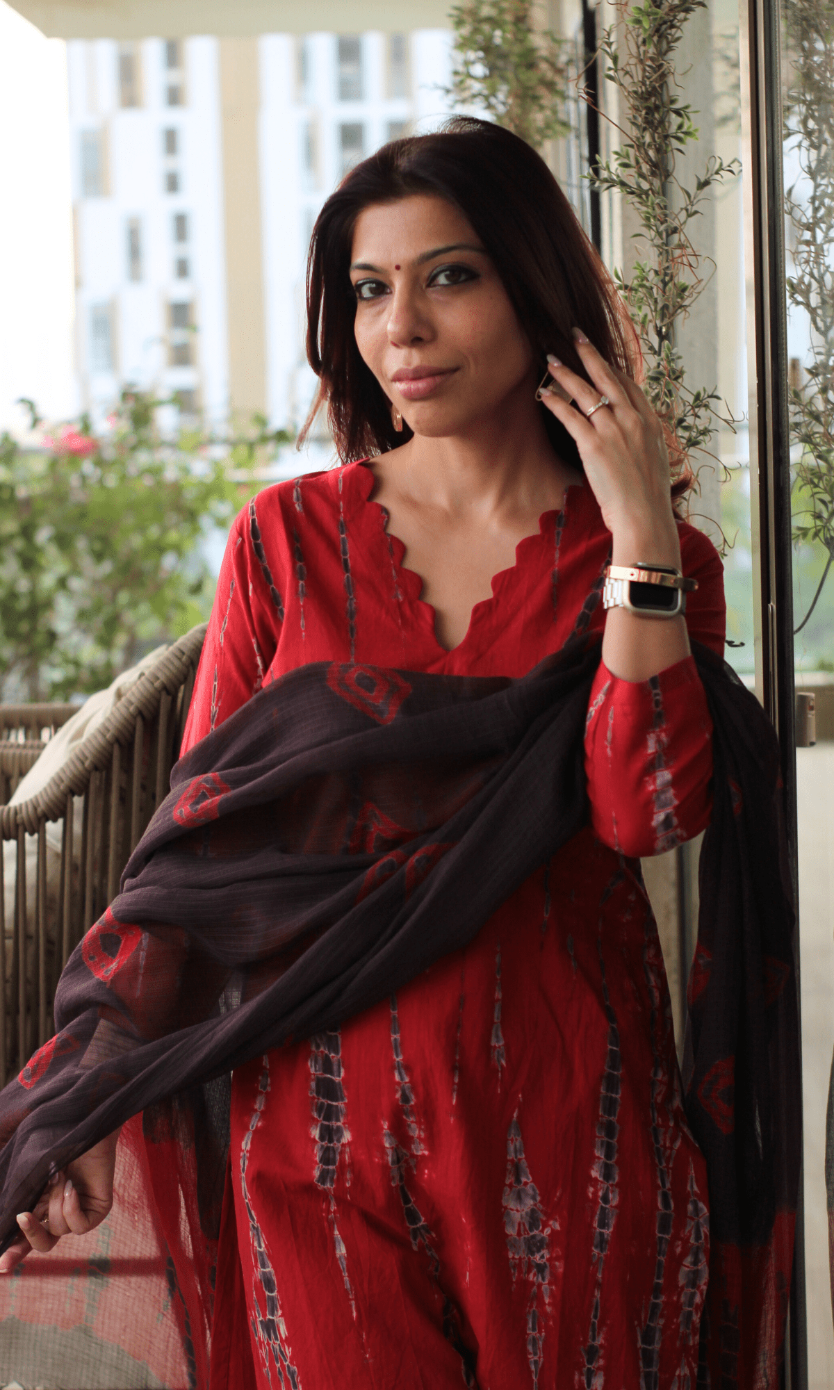Cotton Red Tie & Dye Suit with Kota Doria Tie & Dye Dupatta - Baareeki