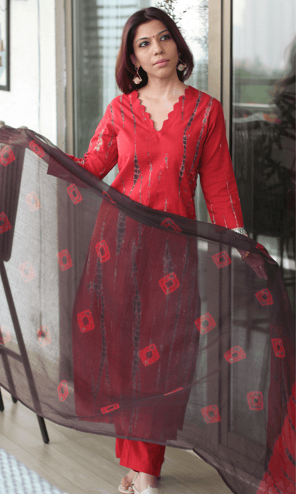 Cotton Red Tie & Dye Suit with Kota Doria Tie & Dye Dupatta - Baareeki