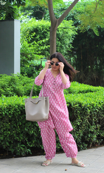 Cotton Rose A - line Kurta with Pathani Pants - Baareeki