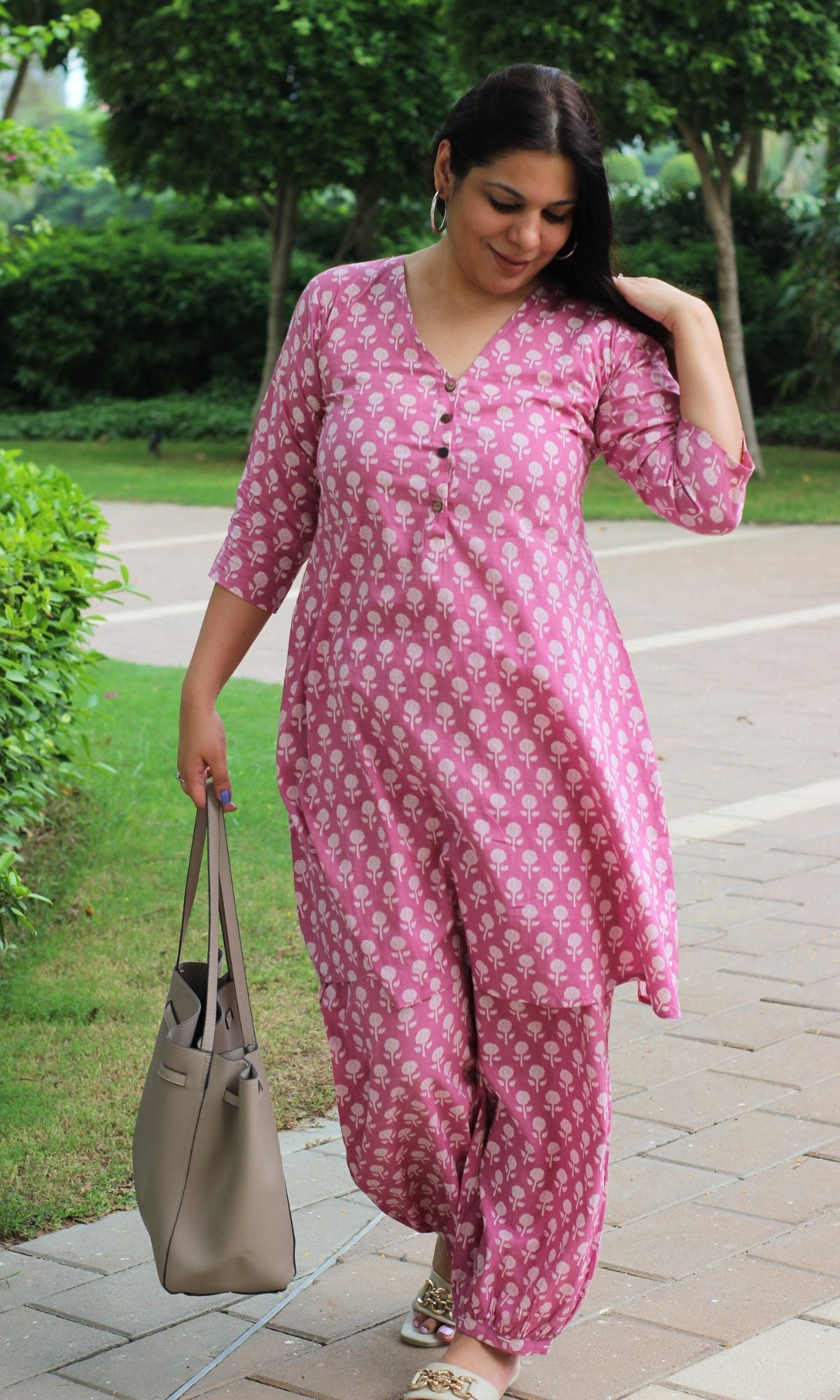 Cotton Rose A - line Kurta with Pathani Pants - Baareeki