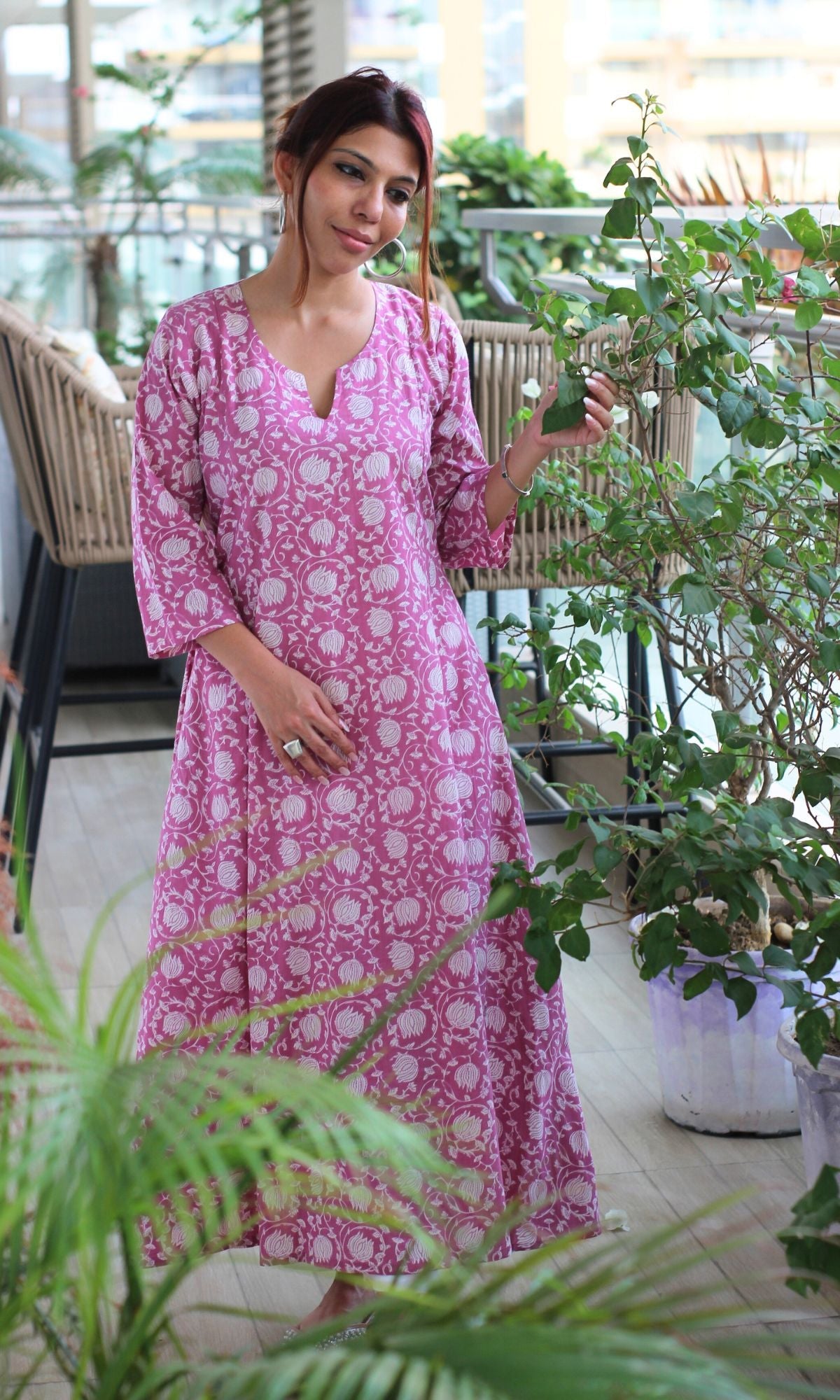 Cotton Rose Pink Printed Kali Kurta - Baareeki