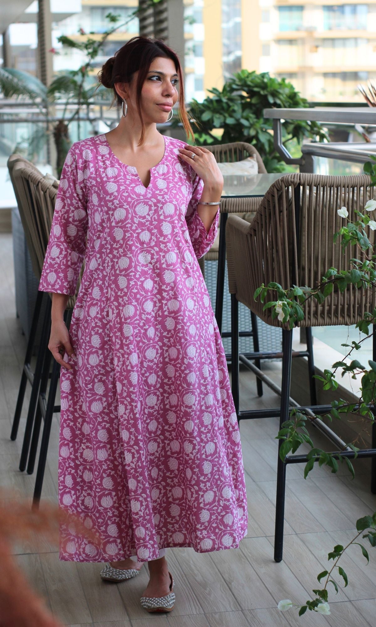 Cotton Rose Pink Printed Kali Kurta - Baareeki