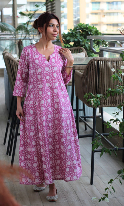 Cotton Rose Pink Printed Kali Kurta - Baareeki