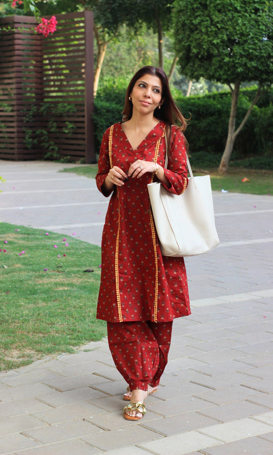 Cotton Rose Red A line Kurta & Pathani Pants - Baareeki