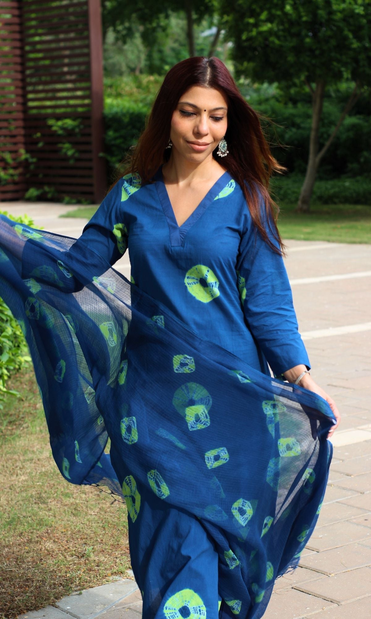 Cotton Royal Blue Shibori Suit Set with Kota Doria dupatta - Baareeki