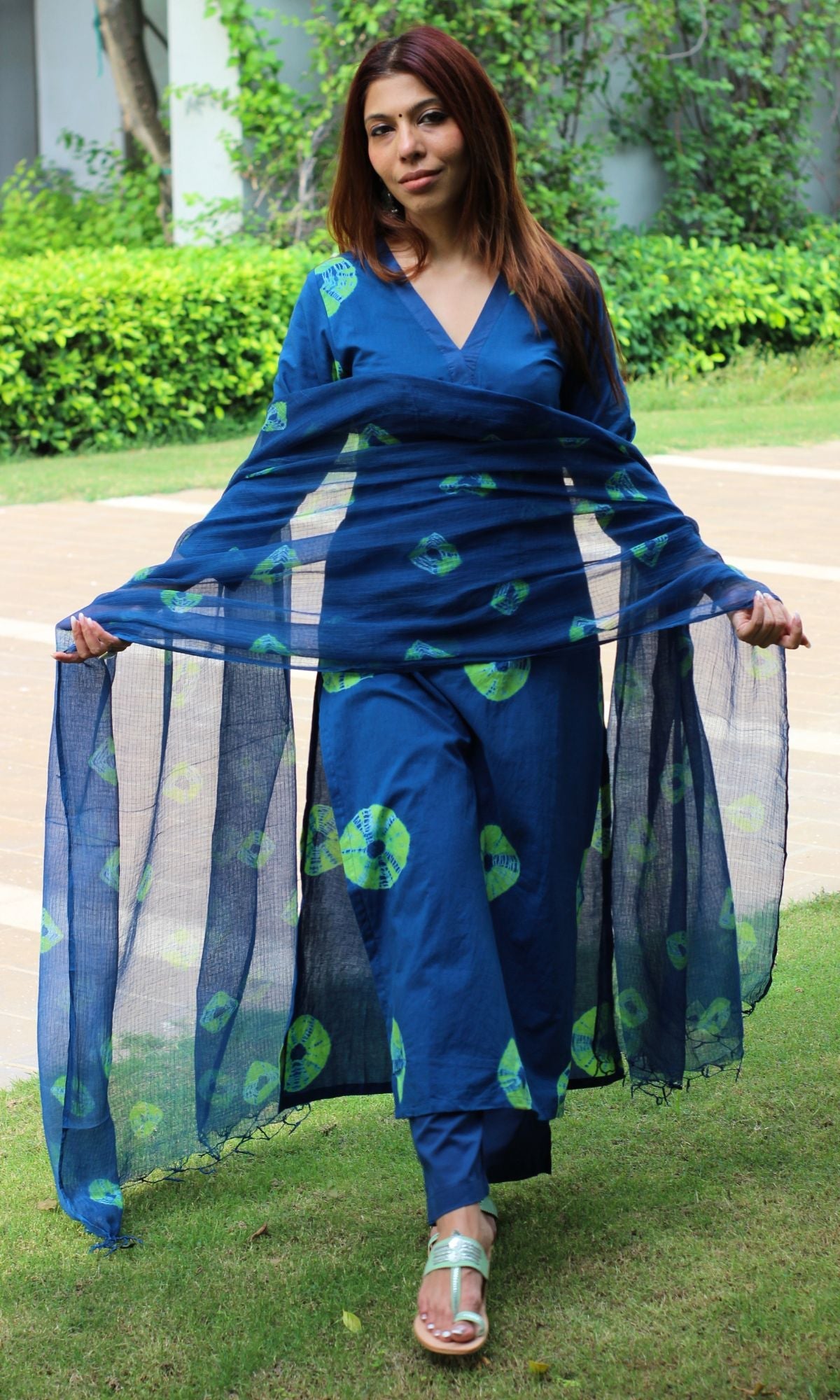 Cotton Royal Blue Shibori Suit Set with Kota Doria dupatta - Baareeki