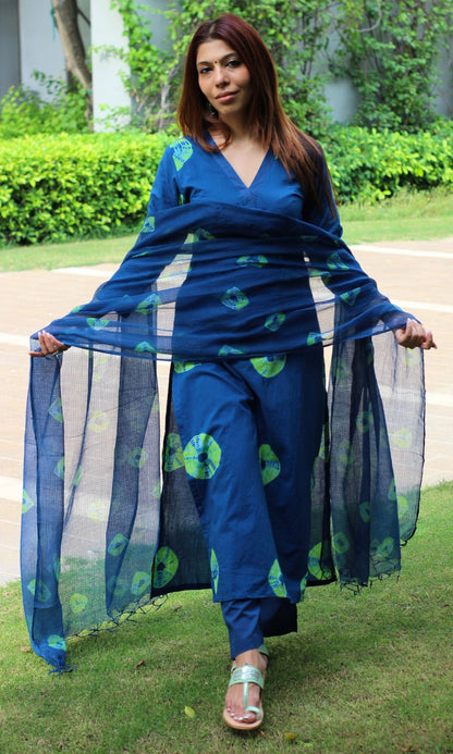 Cotton Royal Blue Shibori Suit Set with Kota Doria dupatta - Baareeki