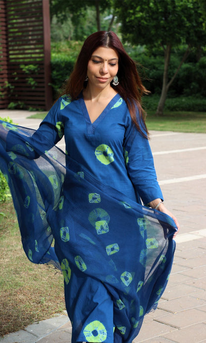 Cotton Royal Blue Shibori Suit Set with Kota Doria dupatta - Baareeki