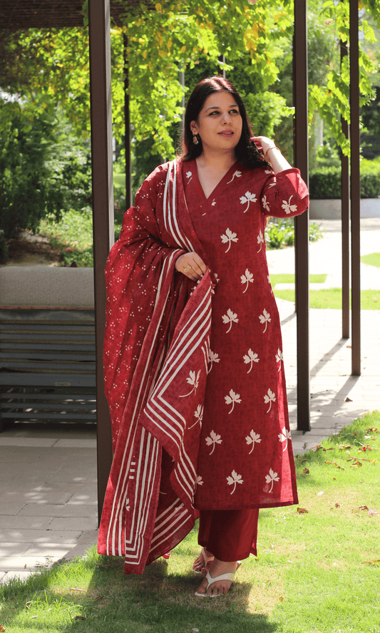 Cotton Ruby Maple Leaf Print Suit with Cotton Printed Dupatta - Baareeki
