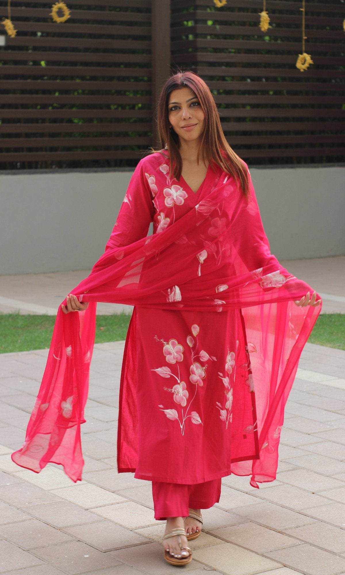 Cotton Ruby Pink Handbrush Print Suit with Chiffon Handbrush Dupatta - Baareeki