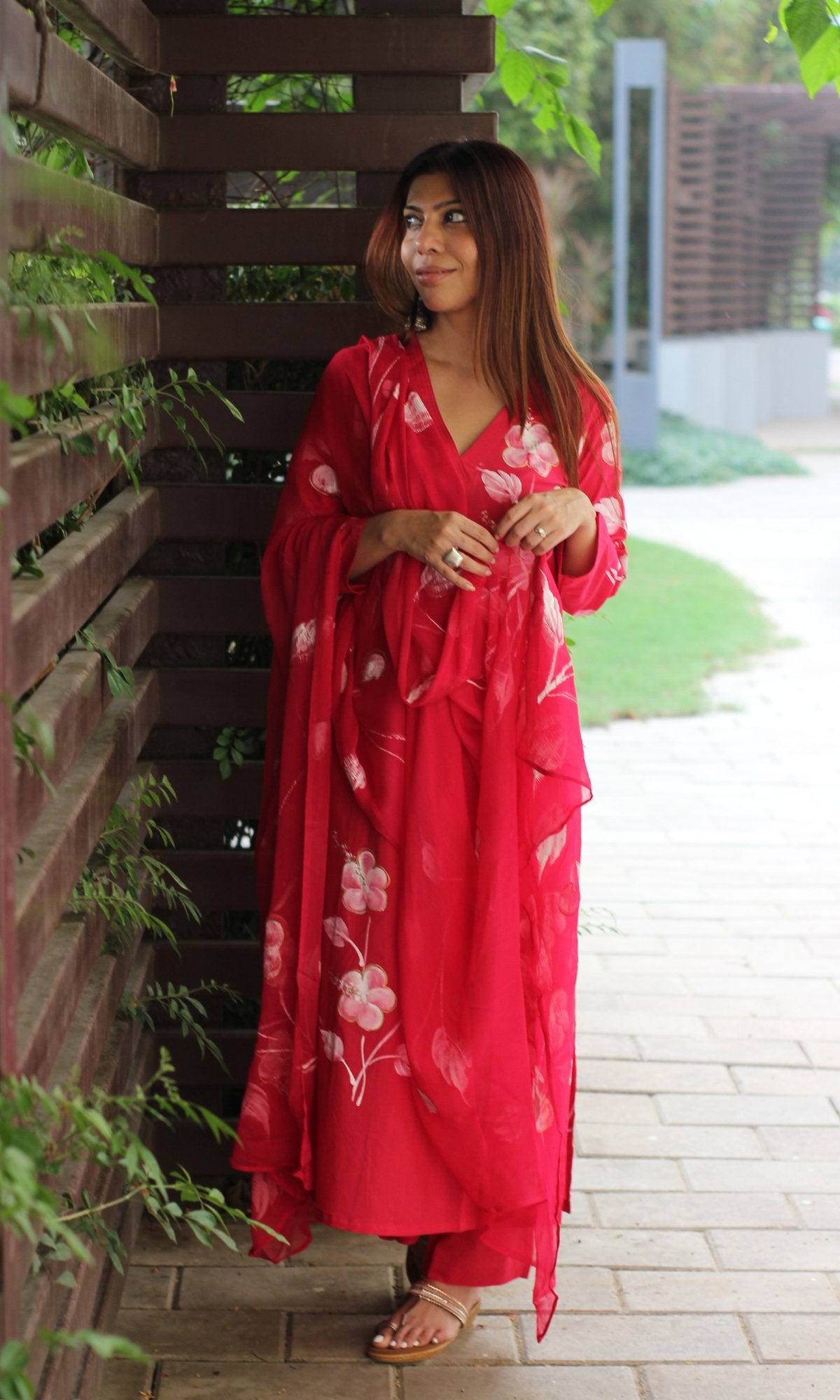 Cotton Ruby Pink Handbrush Print Suit with Chiffon Handbrush Dupatta - Baareeki