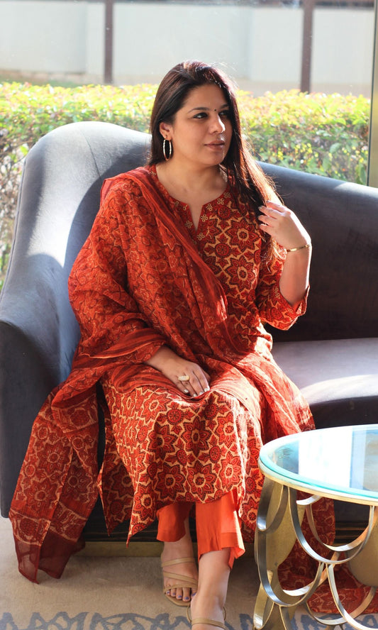 Cotton Rust Ajrakh Vanaspati Print Suit with Kota Doria Printed Dupatta - Baareeki