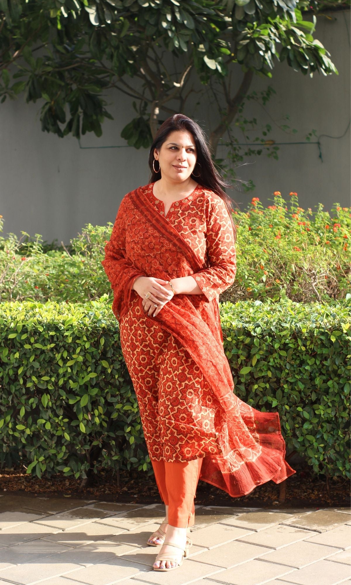 Cotton Rust Ajrakh Vanaspati Print Suit with Kota Doria Printed Dupatta - Baareeki