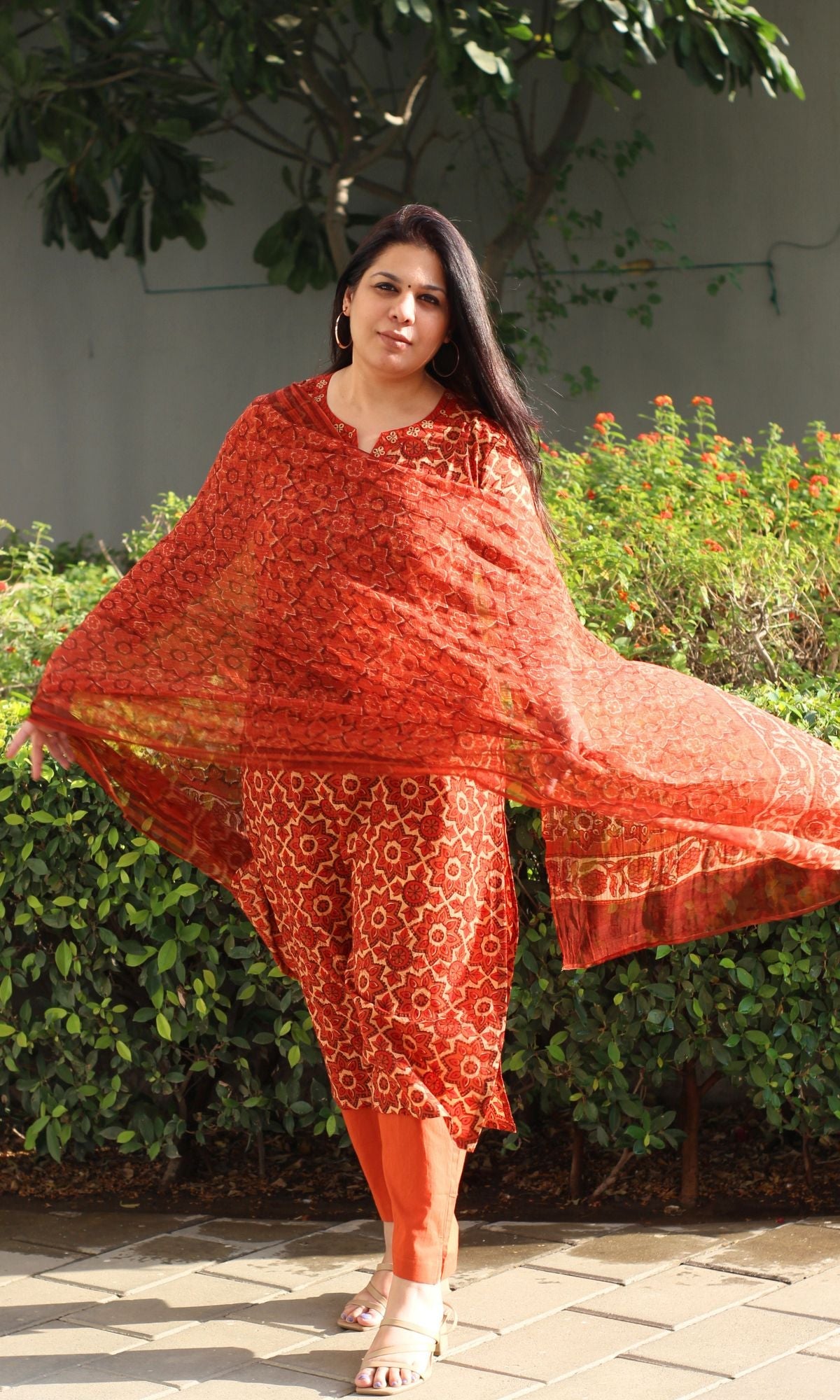 Cotton Rust Ajrakh Vanaspati Print Suit with Kota Doria Printed Dupatta - Baareeki